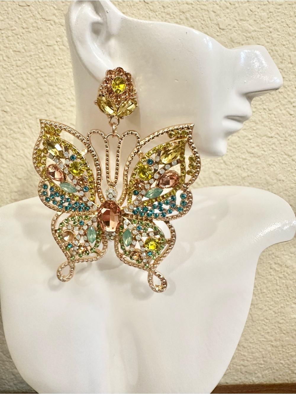 Gold-Tone Multicolor Crystal Butterfly Drop Earrings (Moderate Weight)